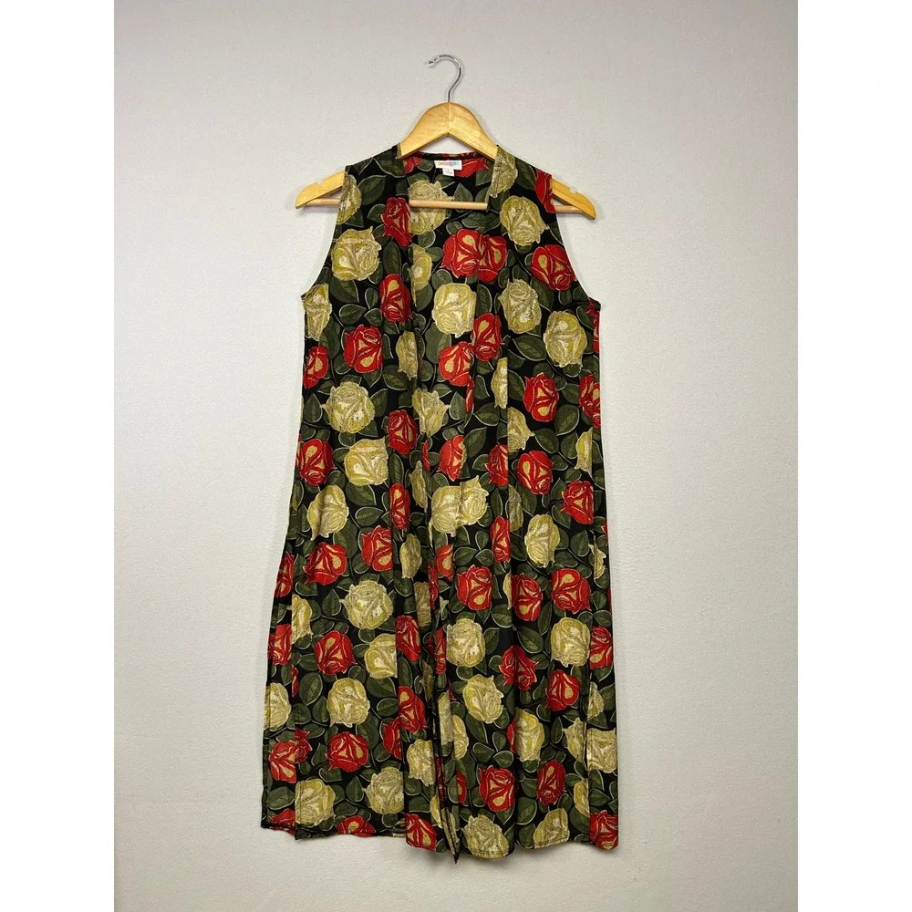 Floralcore LuLaRoe‎ Womens S Black Red Yellow Rose Print Joy Duster Vest Slits